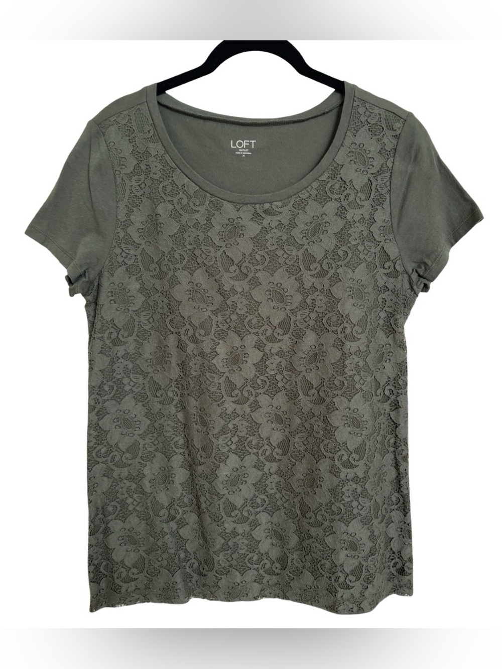 LOFT Outlet Ladies Green Lace Mixed Media Short Sleeved Top Shirt SZ Medium